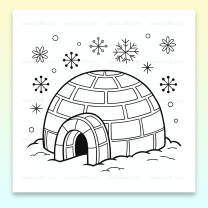 Illustration d'un igloo sous la neige en style minimaliste pour DIY et décoration.