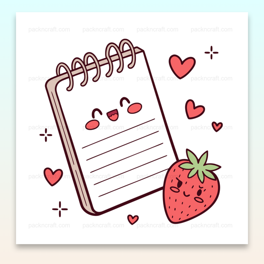 Illustration carnet souriant et fraise amoureuse, usage papeterie et DIY.