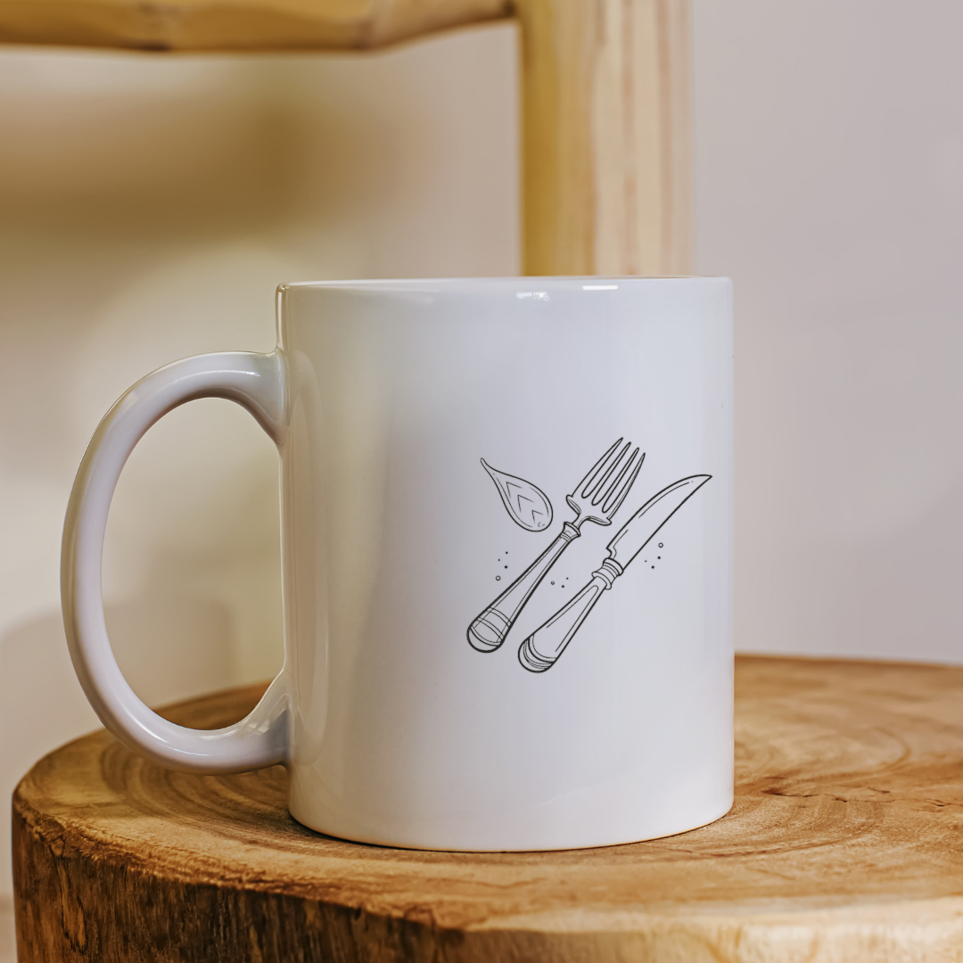 Mug décoré d'une icône de couverts en style doodle pour une touche cuisine raffinée