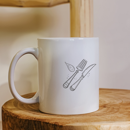 Mug décoré d'une icône de couverts en style doodle pour une touche cuisine raffinée