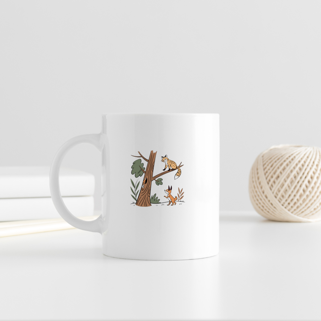 Mug orné d'un renard curieux parmi les arbres, style vectoriel forestier