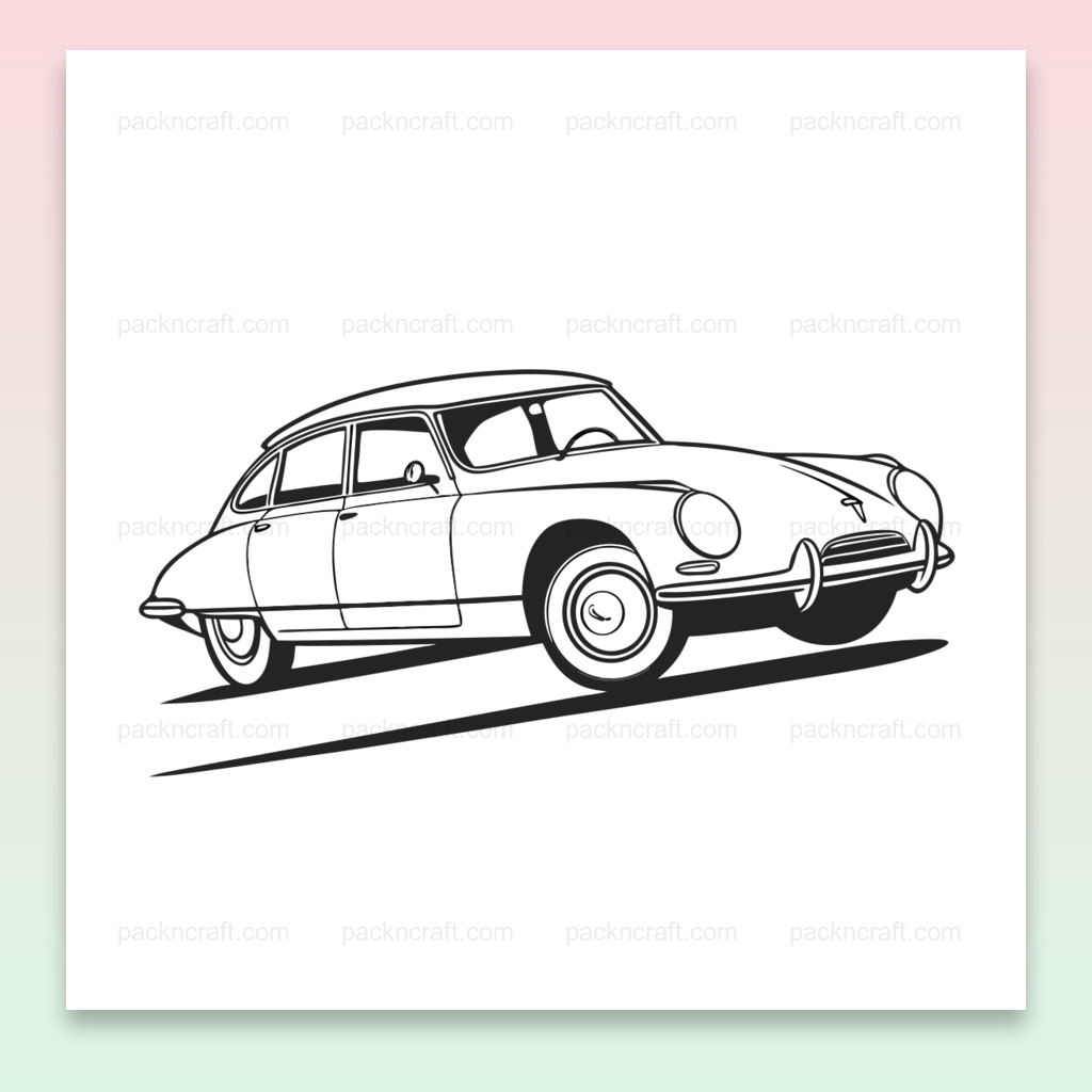 Illustration de la Citroën DS vintage en mouvement., Usage sur mug avec design Citroën DS classique., Motif de t-shirt Citroën DS vintage en impression., Cadre décoratif avec illustration Citroën DS intemporelle., Sticker Citroën DS vintage pour projets créatifs.