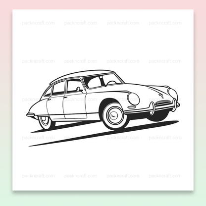 Illustration de la Citroën DS vintage en mouvement., Usage sur mug avec design Citroën DS classique., Motif de t-shirt Citroën DS vintage en impression., Cadre décoratif avec illustration Citroën DS intemporelle., Sticker Citroën DS vintage pour projets créatifs.