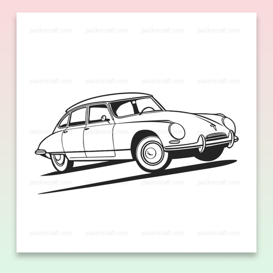 Illustration de la Citroën DS vintage en mouvement., Usage sur mug avec design Citroën DS classique., Motif de t-shirt Citroën DS vintage en impression., Cadre décoratif avec illustration Citroën DS intemporelle., Sticker Citroën DS vintage pour projets créatifs.