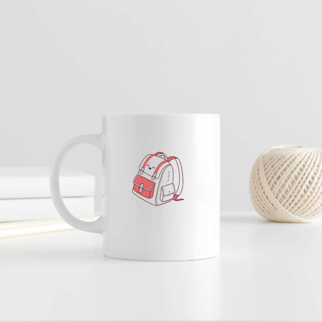 Mug avec icône minimaliste d'un sac à dos joyeux style moderne et école créative