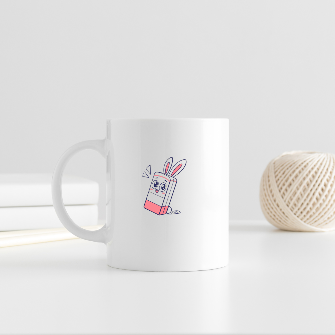 Mug décoré d'une icône lapin joyeux style kawaii, ambiance ludique et colorée