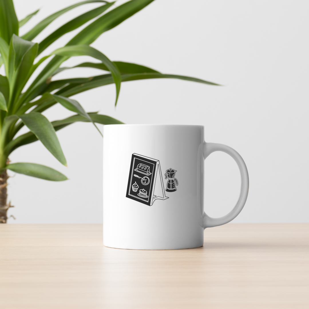 Mug ambiance détendue avec icône numérique délicate sur fond café chaleureux