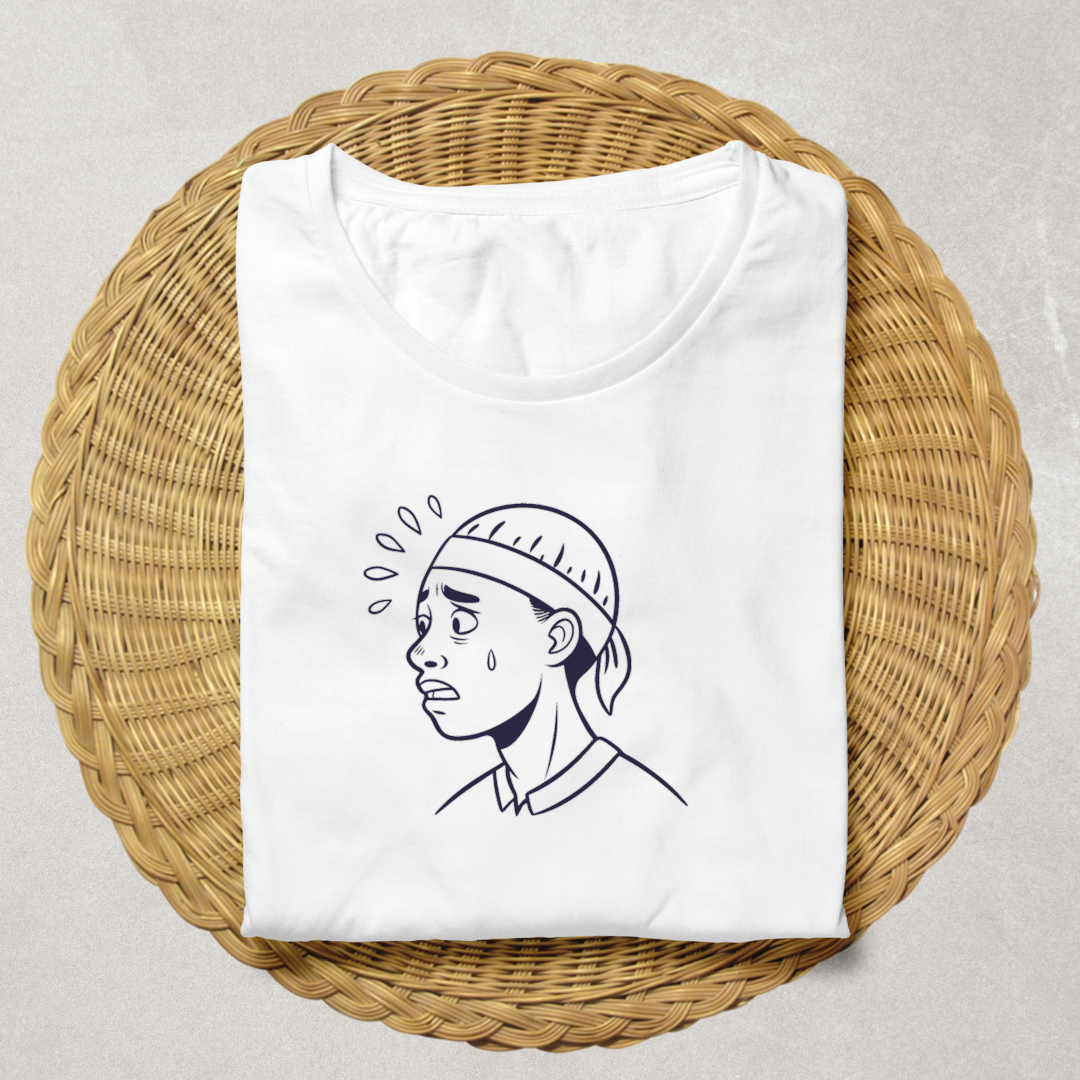 T-shirt noir avec visage inquiet monochrome évoquant une émotion illustrée