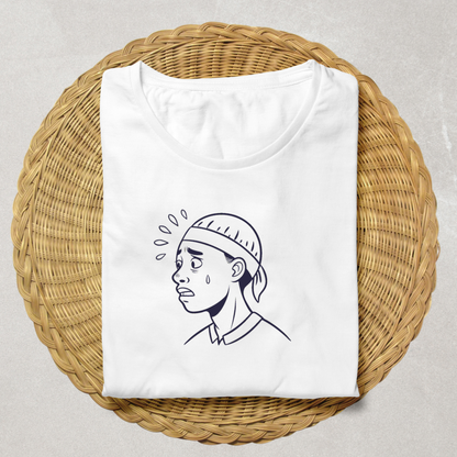 T-shirt noir avec visage inquiet monochrome évoquant une émotion illustrée