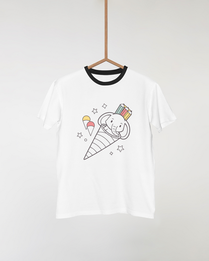 T-shirt créatif avec éléphant joyeux dans un cornet design minimaliste et unique