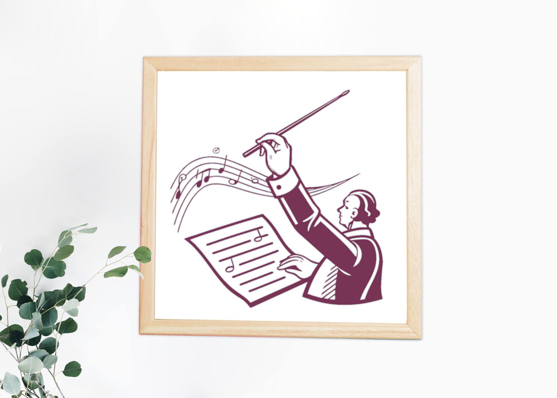Illustration d'un chef d'orchestre avec une partition et une baguette., Chef d'orchestre sur un mug, idéal pour les amateurs de musique., T-shirt personnalisé avec chef d'orchestre vintage., Chef d'orchestre en action dans un cadre graphique élégant., Sticker unique du chef d'orchestre pour décorer vos objets.