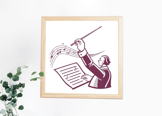Illustration d'un chef d'orchestre avec une partition et une baguette., Chef d'orchestre sur un mug, idéal pour les amateurs de musique., T-shirt personnalisé avec chef d'orchestre vintage., Chef d'orchestre en action dans un cadre graphique élégant., Sticker unique du chef d'orchestre pour décorer vos objets.