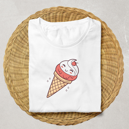 T-shirt animé d'un cône de glace souriant en doodle affichant une touche de gourmandise