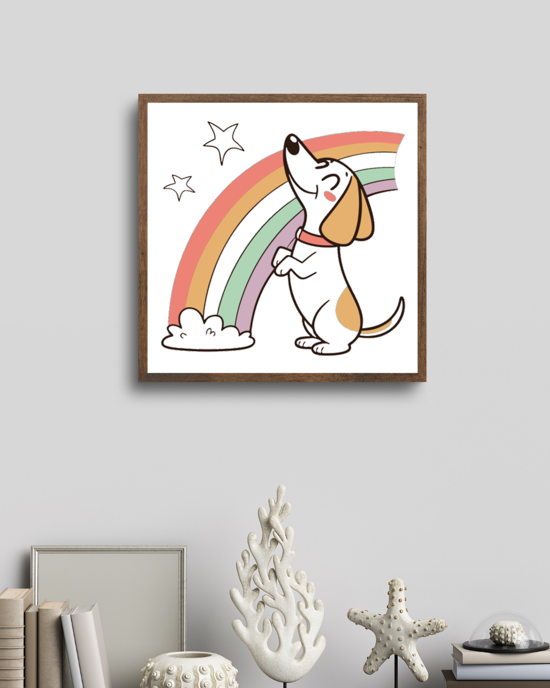 Cadre avec chien joyeux style cartoon sous arc-en-ciel coloré ambiance bonheur