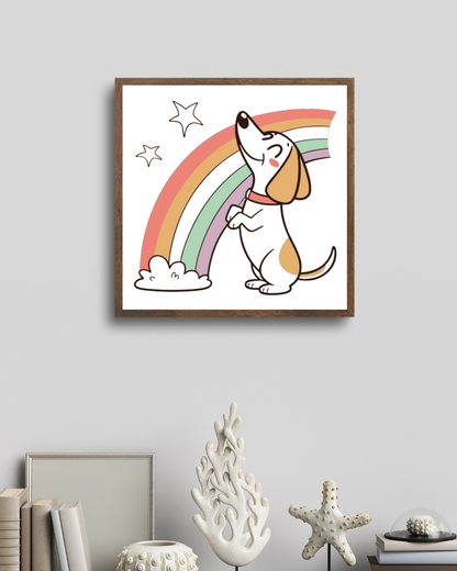 Cadre avec chien joyeux style cartoon sous arc-en-ciel coloré ambiance bonheur