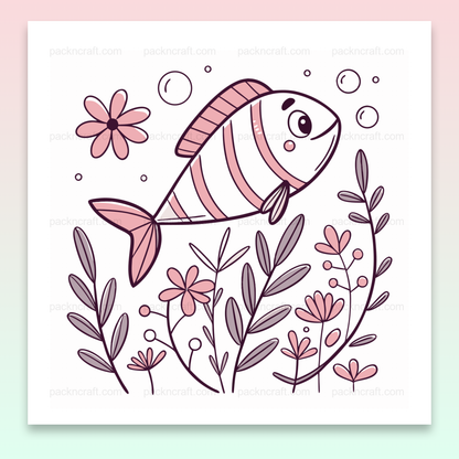 Illustration doodle d'un poisson curieux en milieu marin, style pastel