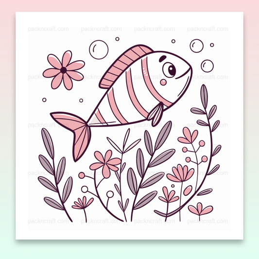 Illustration doodle d'un poisson curieux en milieu marin, style pastel