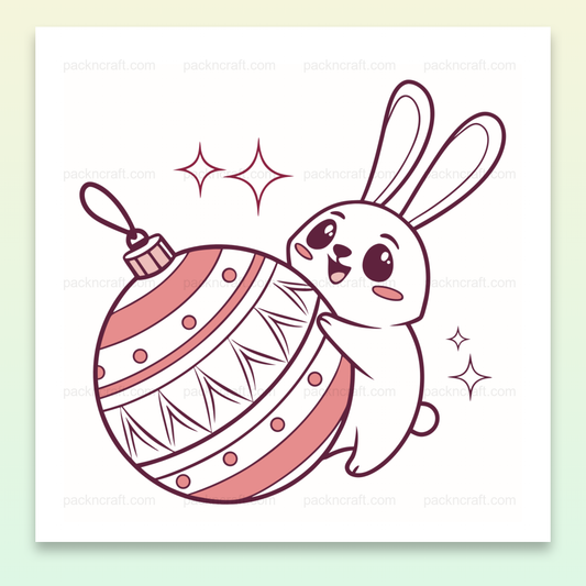 Illustration d'un lapin joyeux tenant une boule de Noël, utilisable en DIY et déco.