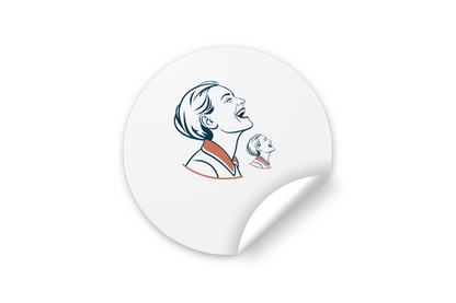 Sticker rétro avec une femme riant, ambiance estivale et joyeuse