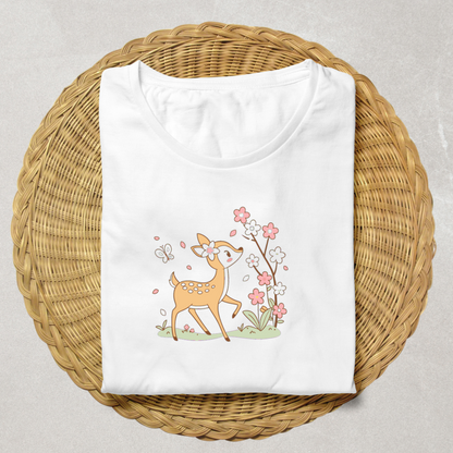 T-shirt avec faon curieux pastel et motifs floraux printaniers doux et enchanteurs