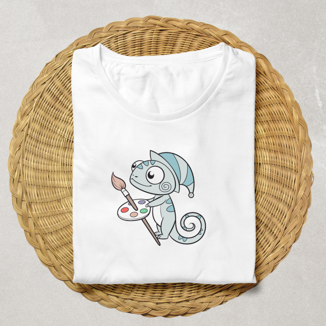 T-shirt doux avec caméléon coloré au style cartoon agréable et joyeux