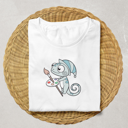 T-shirt doux avec caméléon coloré au style cartoon agréable et joyeux