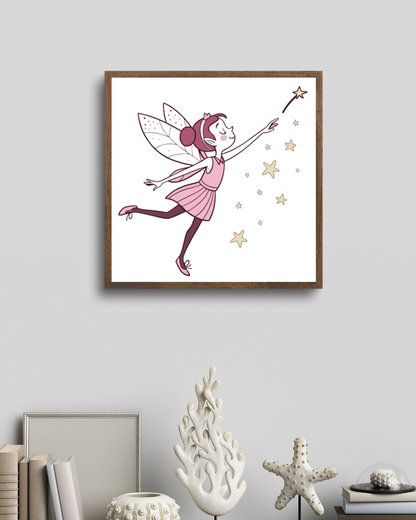 Cadre décoratif pastel avec une fée joyeuse poursuivant une étoile luminescente