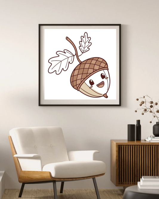 Cadre affichant un gland joyeux style kawaii ambiance automne colorée et chaleureuse