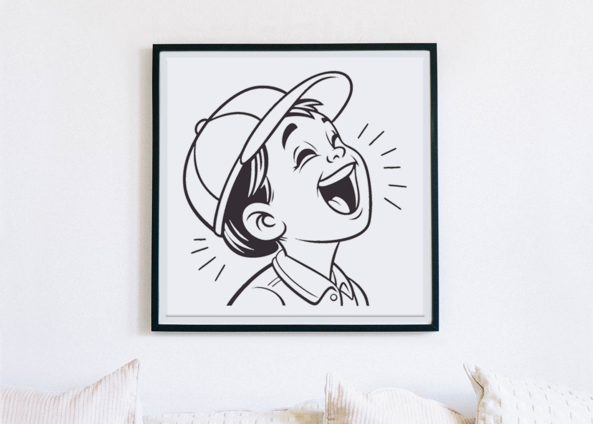 Cadre décoratif illustrant un garçon joyeux style kodama rappelant l'enfance heureuse