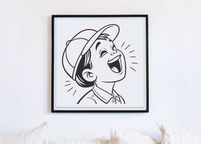 Cadre décoratif illustrant un garçon joyeux style kodama rappelant l'enfance heureuse