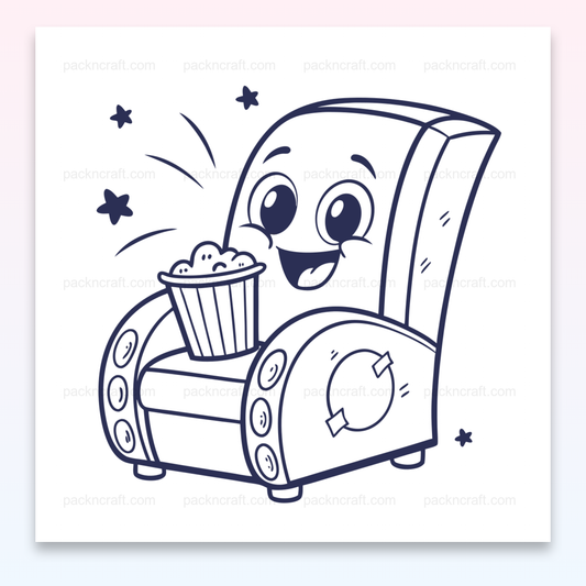 Illustration SVG fauteuil joyeux avec popcorn, idéale pour déco cinéma et projets DIY.