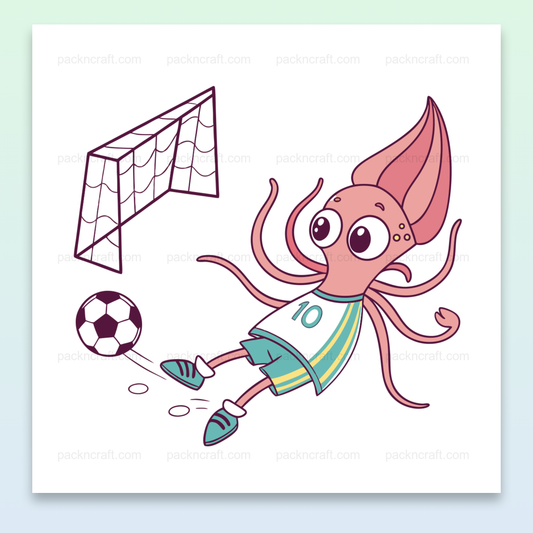 Illustration cartoon d'un calamar jouant au football, parfait pour décoration et projets créatifs
