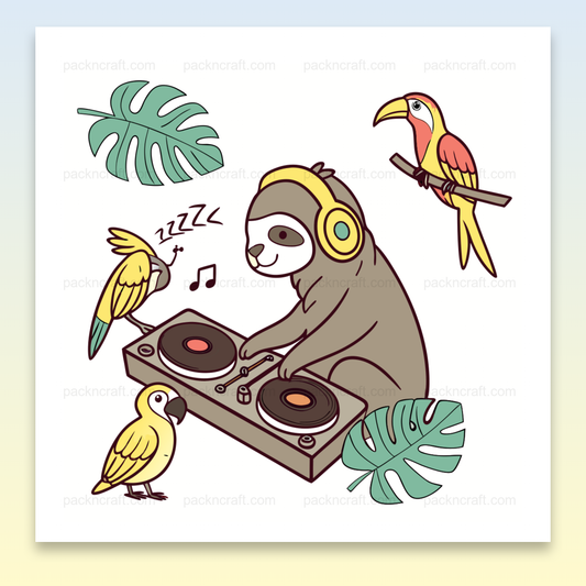 Paresseux DJ en ambiance jungle avec oiseaux tropicaux, idéal pour projets créatifs