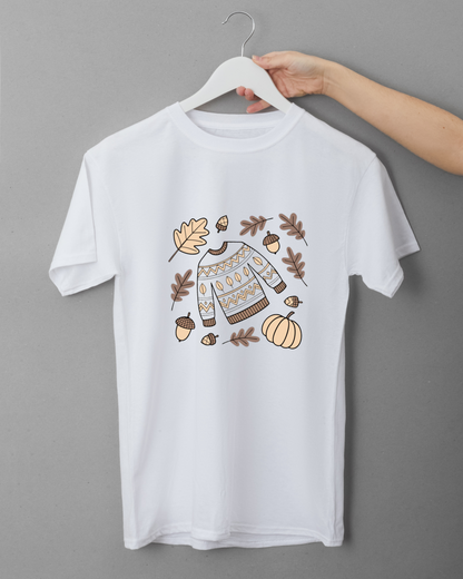 T-shirt cosy à motif automnal minimaliste avec une ambiance chaleureuse