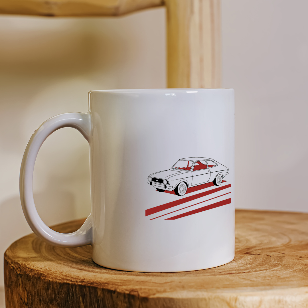 Mug orné d'une illustration de voiture Vauxhall Viva des années 70.