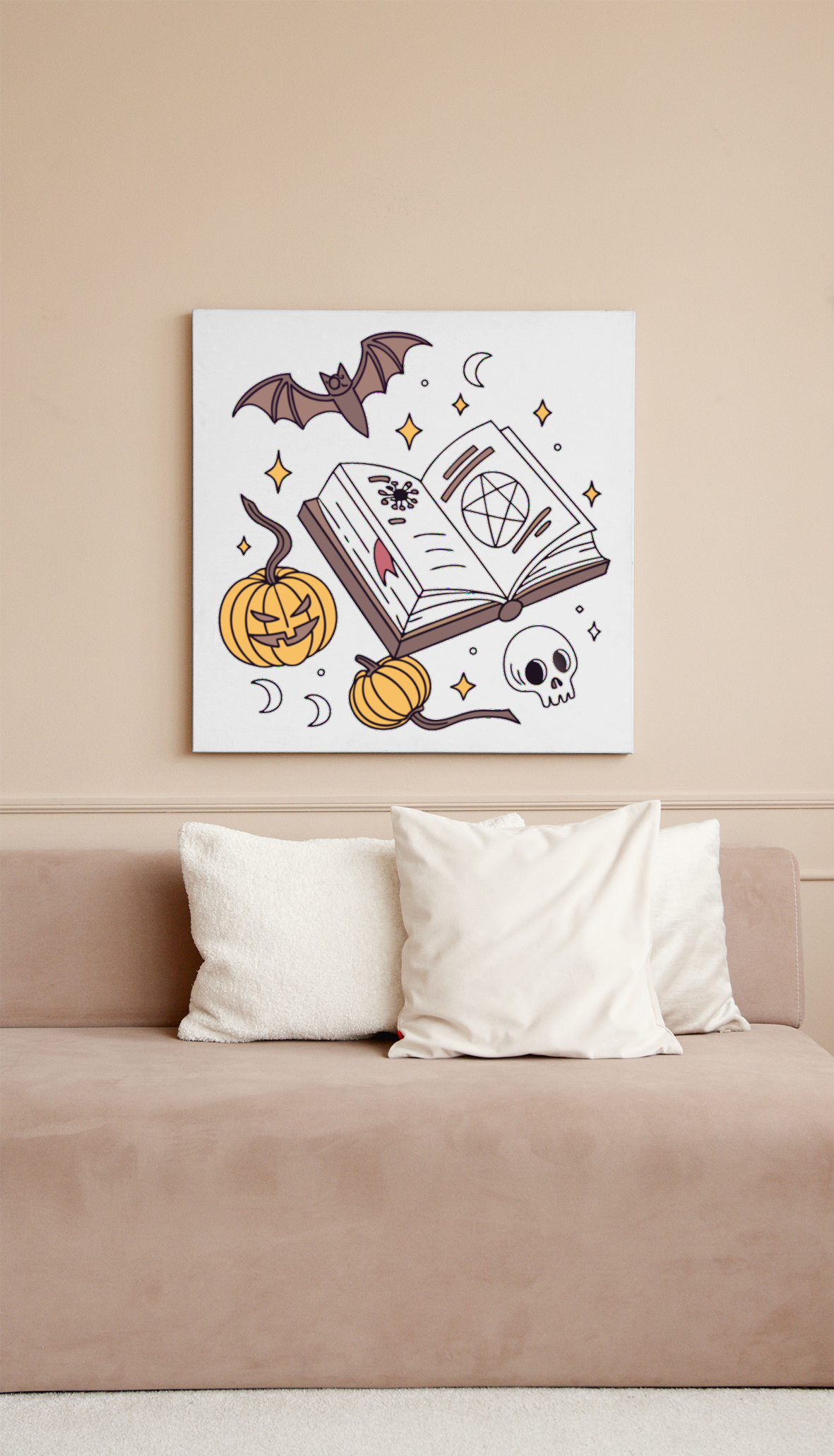 Cadre avec livre magique et citrouilles dans un style mystique pour Halloween