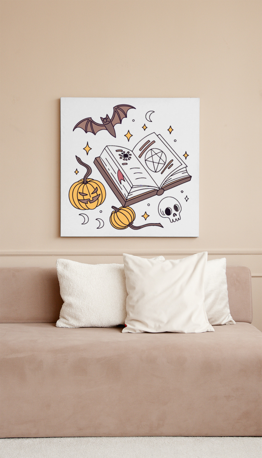 Cadre avec livre magique et citrouilles dans un style mystique pour Halloween