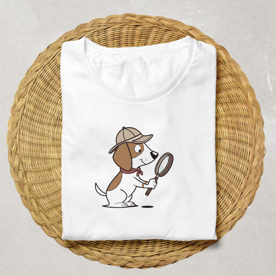 T-shirt amusant illustré d'un chien détective curieux dans un style aventureux