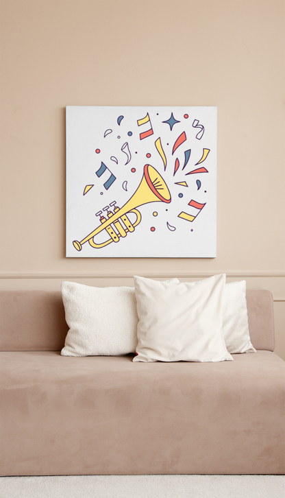 Cadre artistique avec trompette kawaii et éclats de couleur pour décorer.