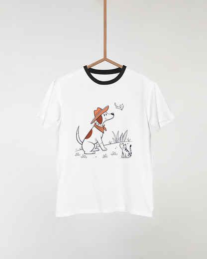 T-shirt avec motif chien cowboy souriant en style dessin, aventure animale amusante
