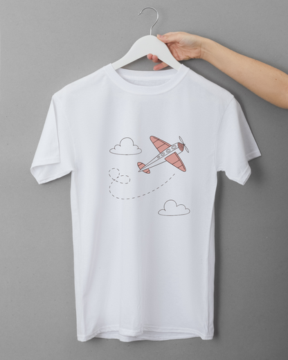 T-shirt style aventure aérienne avec avion rétro emblématique dans des tons pastel
