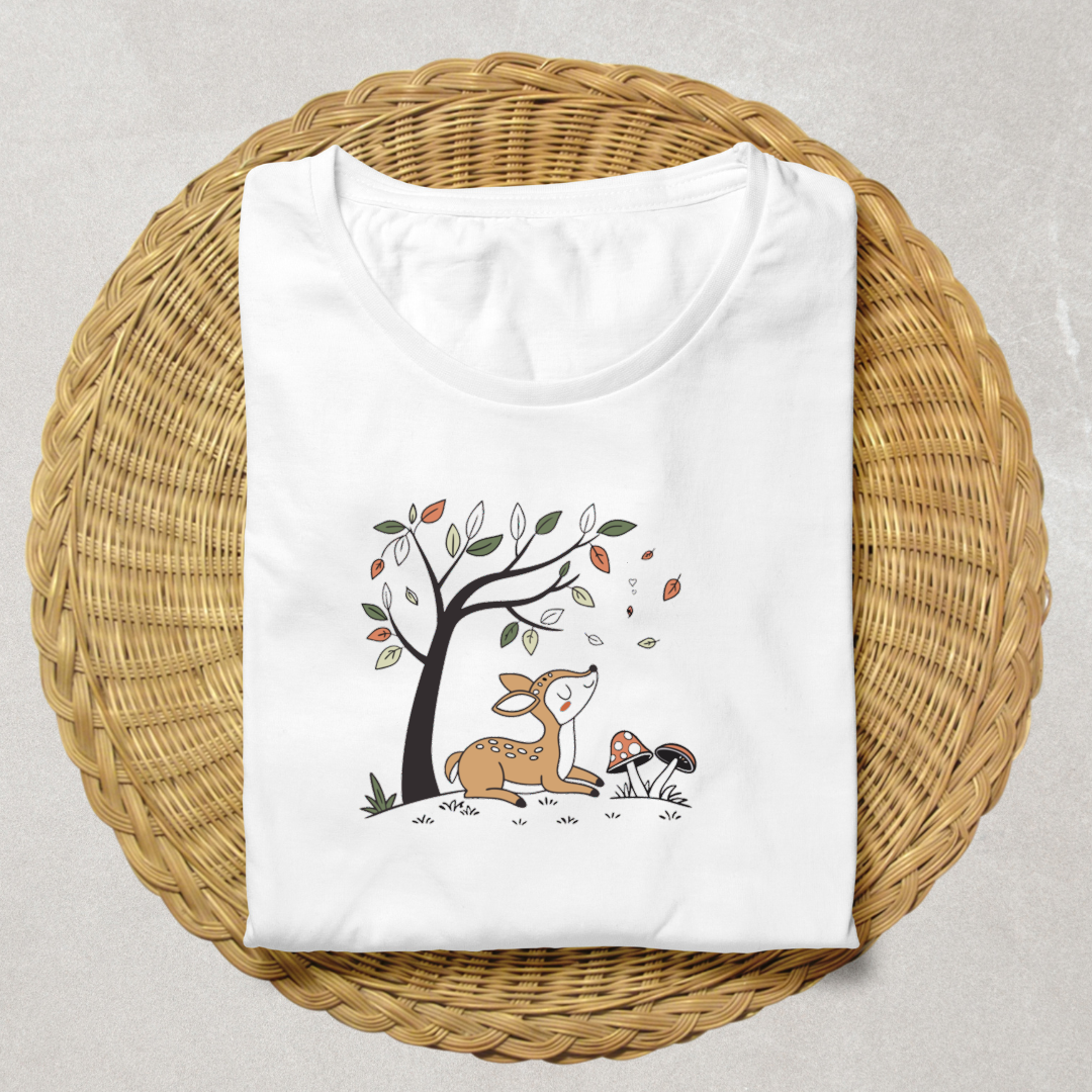 T-shirt avec faon rêveur sous un arbre pastel dans une ambiance automnale paisible