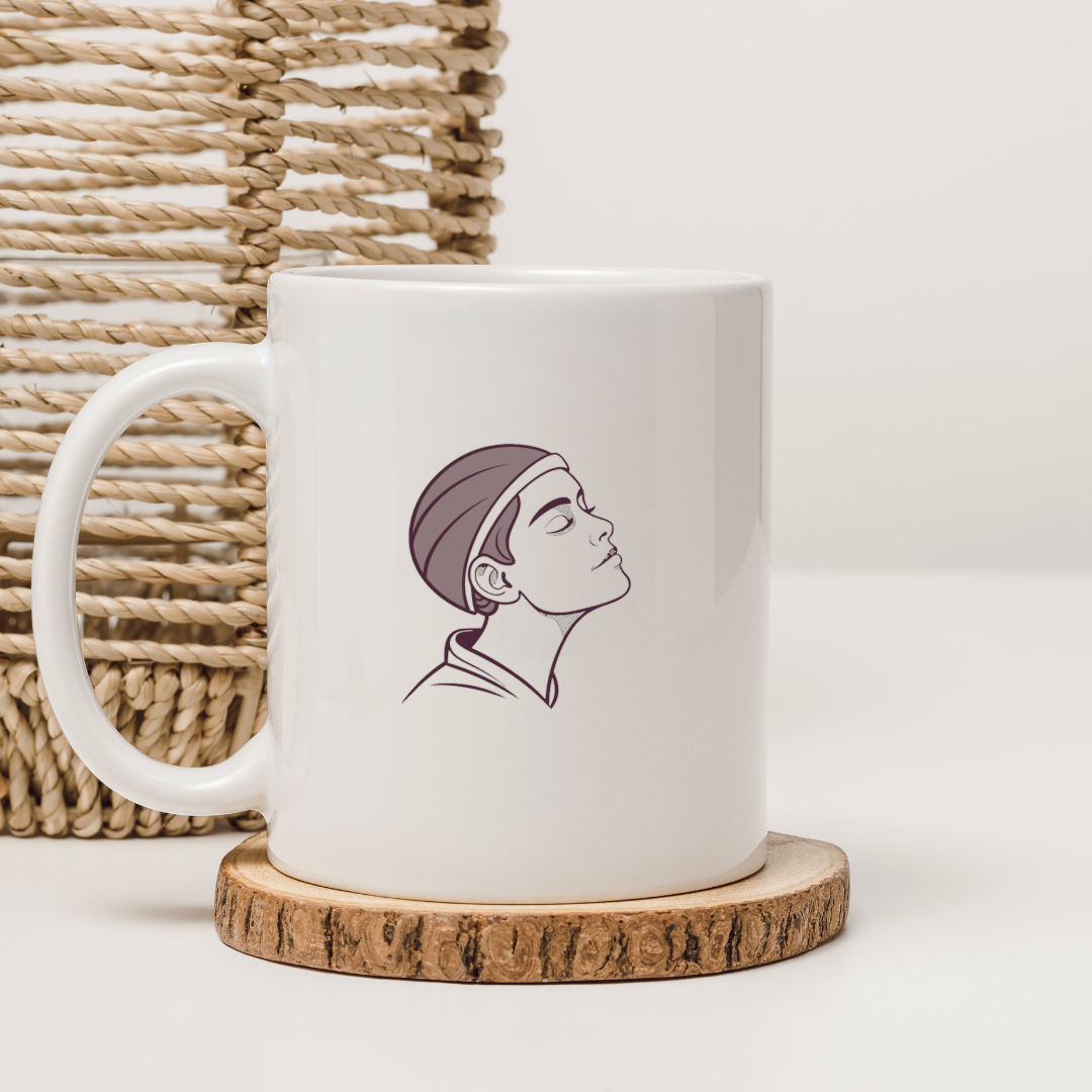 Mug décoratif avec esquisse kawaii d'un rêveur dans un style imaginaire apaisant