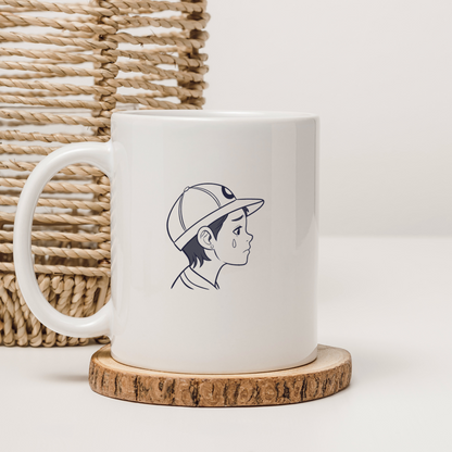 Mug avec garçon triste en casquette style ligne émotive moderne