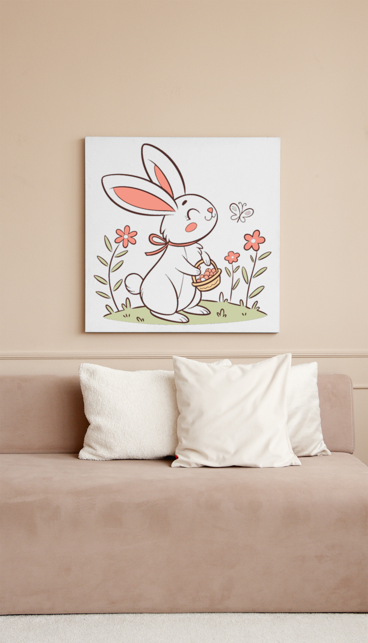 Cadre décoratif avec un lapin joyeux aux tons pastels dans un décor printanier