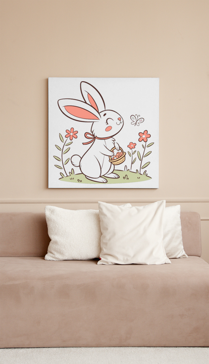 Cadre décoratif avec un lapin joyeux aux tons pastels dans un décor printanier