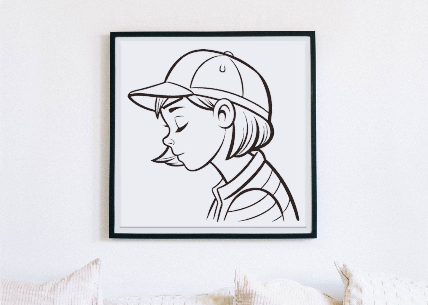 Cadre avec fille en casquette, sourire serein, design minimaliste et ambiance détente