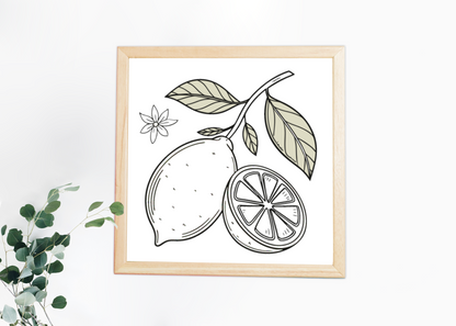 Cadre décoratif avec citron minimaliste sur fond blanc en ambiance estivale