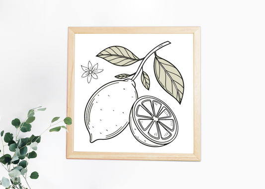 Cadre décoratif avec citron minimaliste sur fond blanc en ambiance estivale
