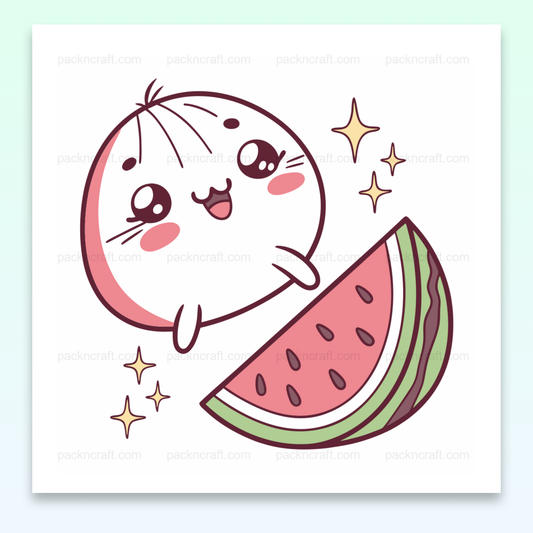 Illustration kawaii d'un petit bao joyeux avec une pastèque. Usage pour stickers, déco.